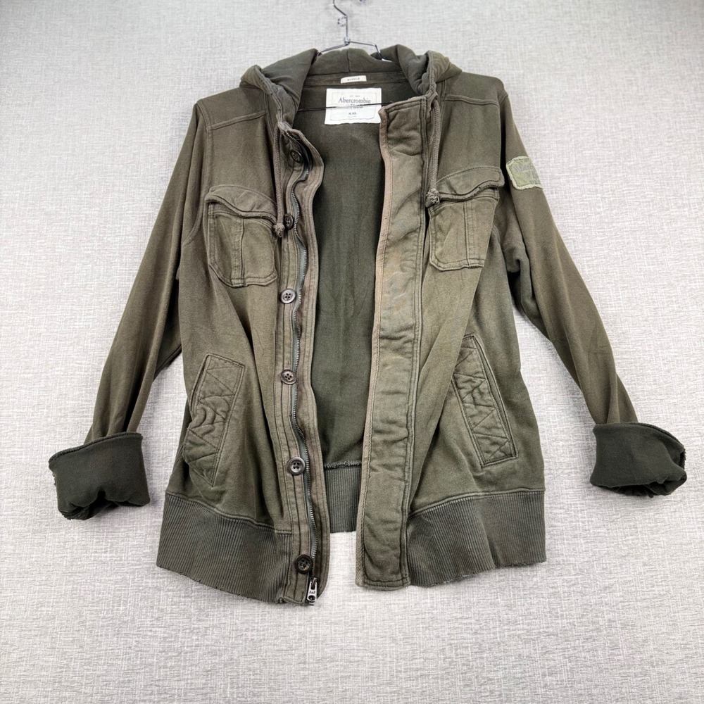 Abercrombie & Fitch Y2K Mens Muscle Fit Full Zip Utility Hoodie Jacket Olive XXL